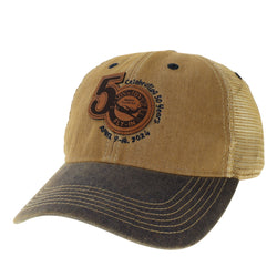 50 Years Engraved Leather Patch Tan/Navy Trucker Ball Cap