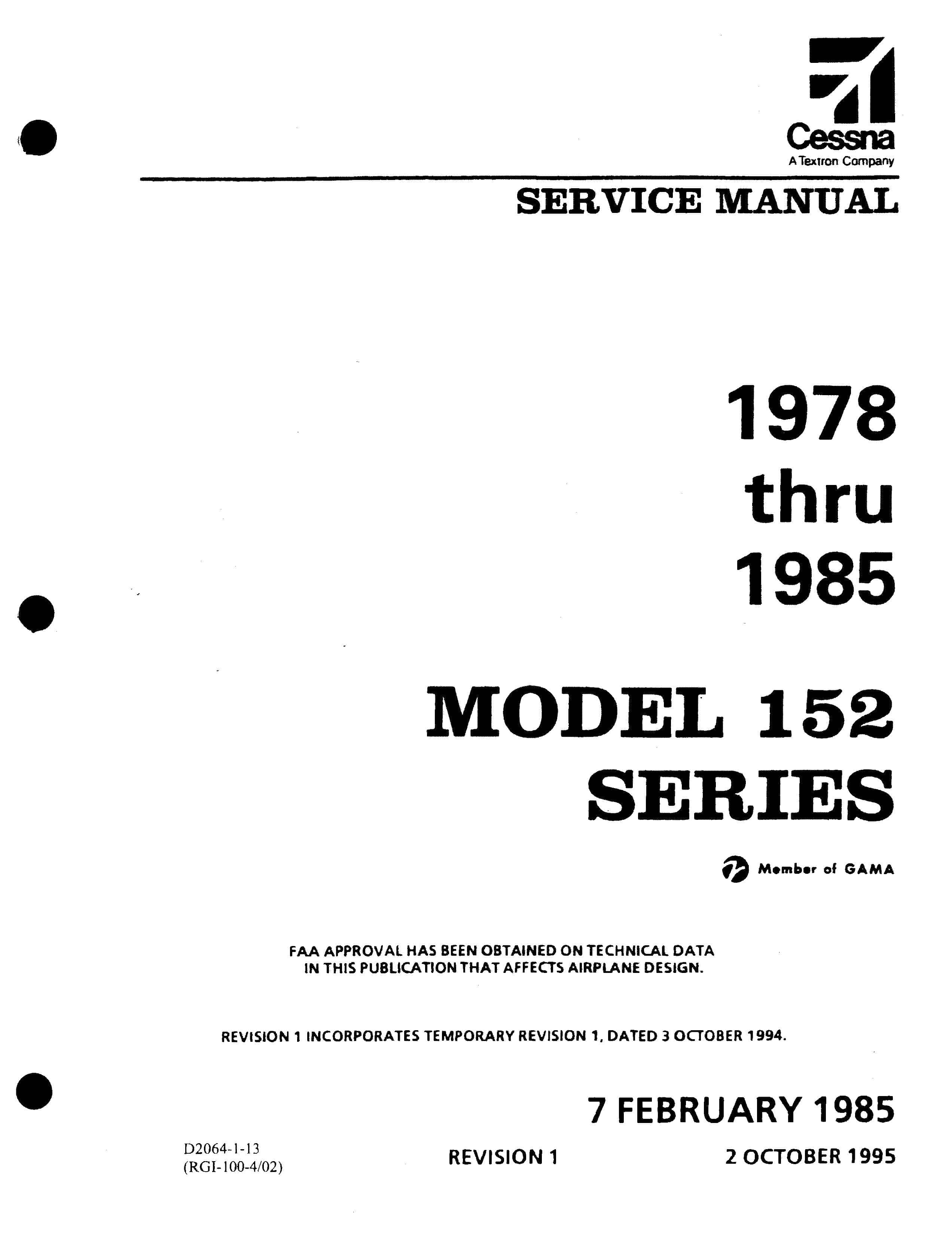 Cessna 152 Maintenance Manual 19781985 Clear Diagrams