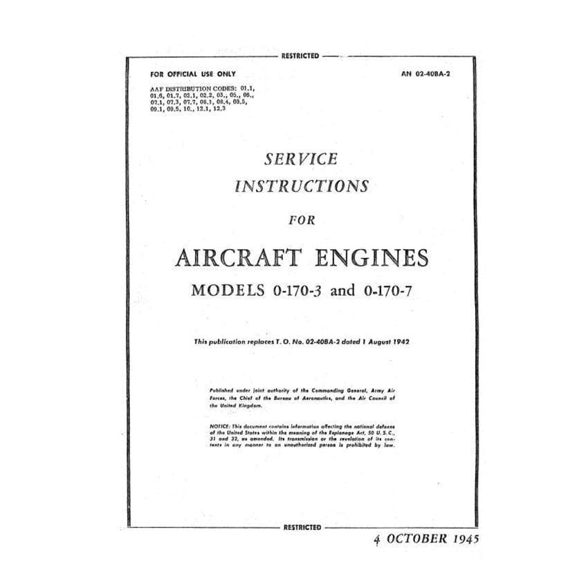 Essco Aircraft Aircraft Manual Continental O-170-3 Aircraft Engine Service Instructions (02-40BA-2)