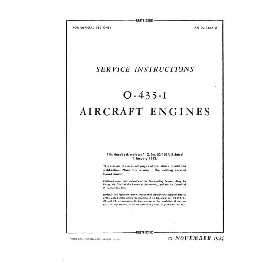 Essco Aircraft Aircraft Manual Lycoming O-435-1 1944 Maintenance Instructions (02-15BA-2)