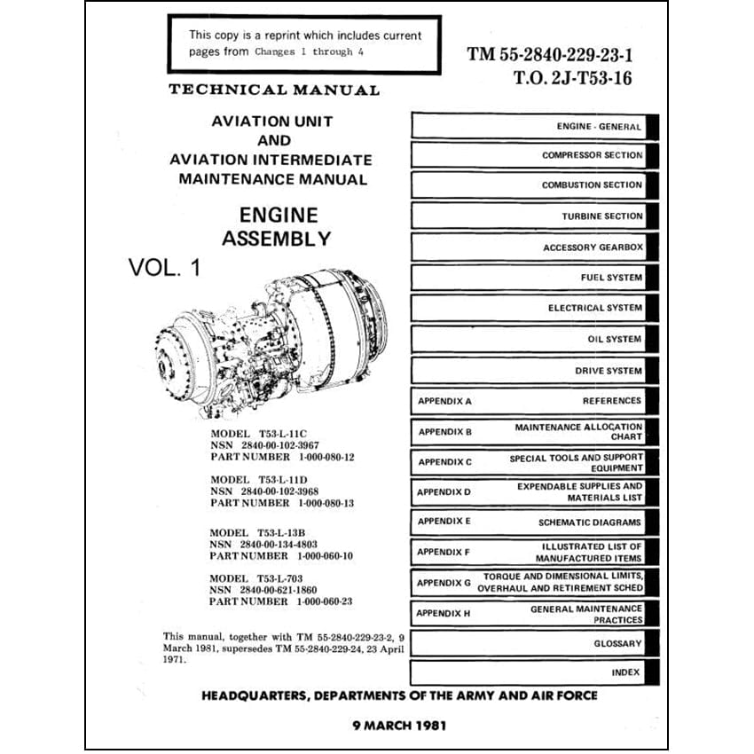 Essco Aircraft Aircraft Manual Lycoming T53-L-11C, -11D, -13B, T53L-703 Intermediate Maintenance Manual (55-2840-229-23-1)