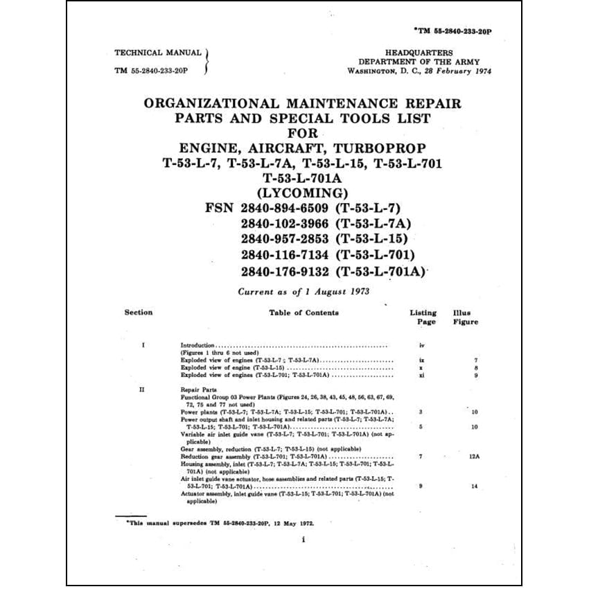 Essco Aircraft Aircraft Manual Lycoming T53-L-7, -7A, -15, -701, -701A Organizational Maintenance Repair Parts (55-2840-233-20P)