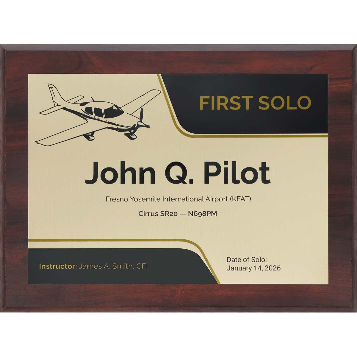 PilotMall.com Plaques Personalized First Solo Flight Cirrus SR20 Achievement 9 x 12 Plaque