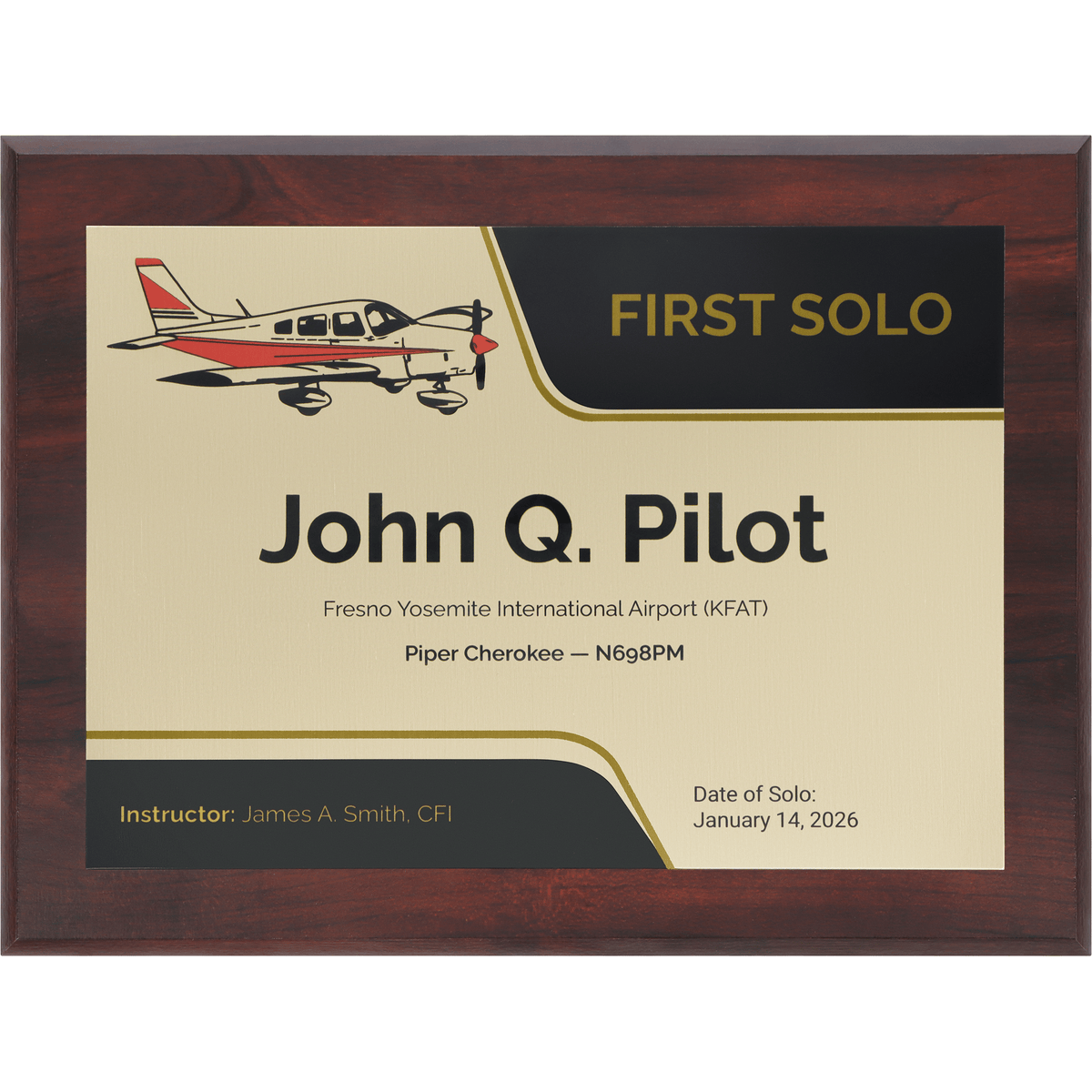 PilotMall.com Plaques Personalized First Solo Flight Piper Cherokee Achievement 9 x 12 Plaque