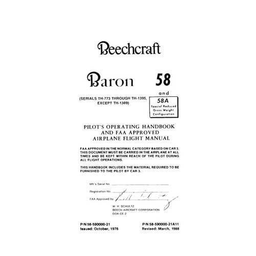 Essco Aircraft Aircraft Manual Beech 58, 58A Baron Pilot's Operating Handbook (part# 58-590000-21)