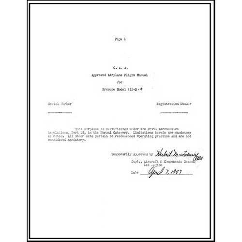 Essco Aircraft Aircraft Manual Ercoupe 415D,C Flight Manual (part# ER415D,C)