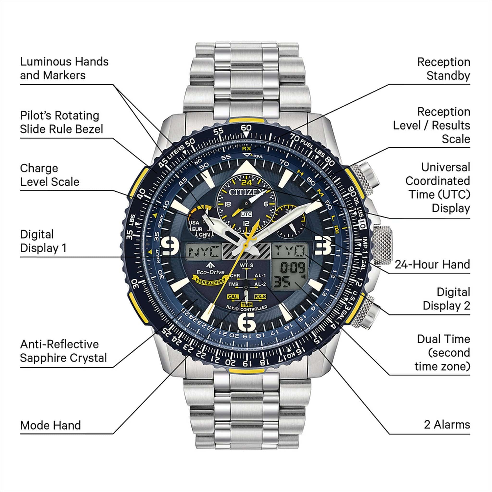 Citizen Promaster Skyhawk A-T Blue Dial Stainless Steel Bracelet Watch (External E6B) JY8078-52L - PilotMall.com