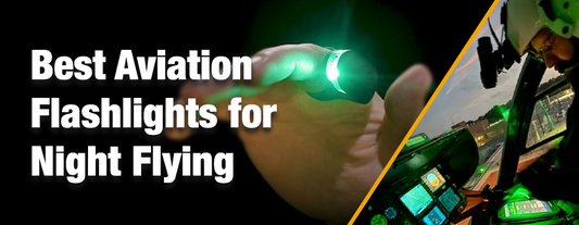 Green finger-mounted LED light glowing on a pilot's hand beside a night cockpit lit by green instrument glow, banner for the best aviation flashlights for night flying guide