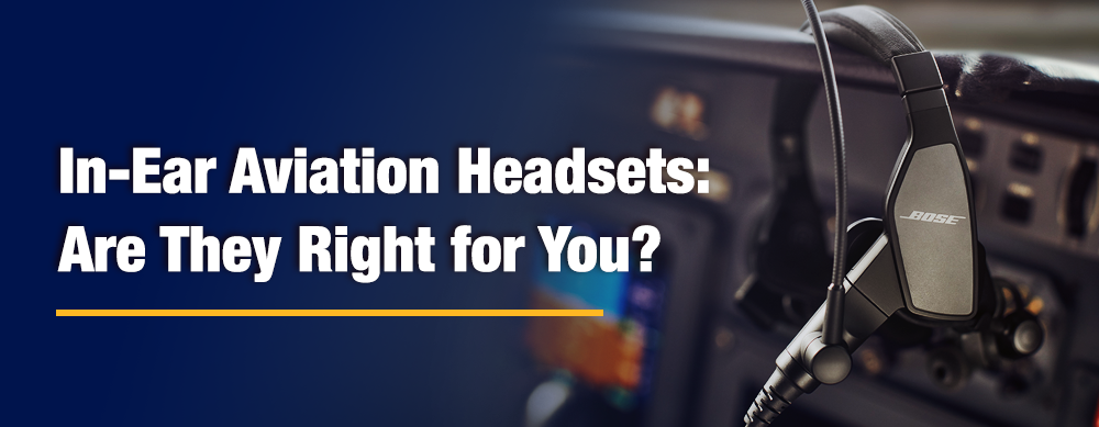 Bose ProFlight Series 2 in-ear aviation headset control module and headband in a cockpit, banner for the in-ear aviation headset guide