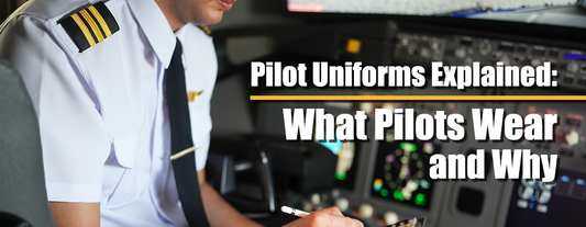 Airline pilot in a white short sleeve uniform shirt with a gold-striped black epaulet, dark tie and chest wings, seated at the controls in a cockpit, banner for the pilot uniform guide