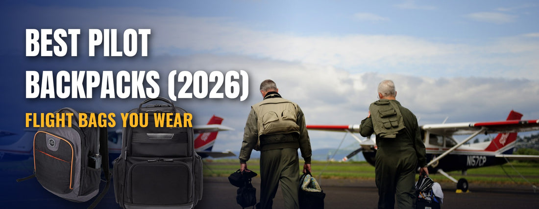 Two pilots walking out to Cessnas on the ramp with Flight Outfitters and Travelpro pilot backpacks
