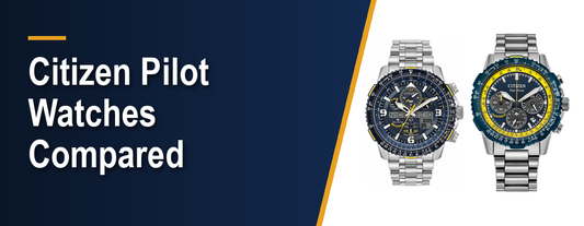 Citizen Promaster Skyhawk A-T Blue Angels and Blue Angels Navihawk pilot watches with blue dials, yellow accents, slide rule bezels, and steel bracelets