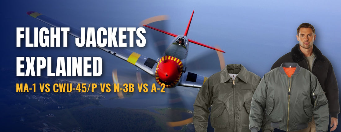 P-51 Mustang head-on in flight with CWU 45-P, MA-1 and B-15A flight jackets