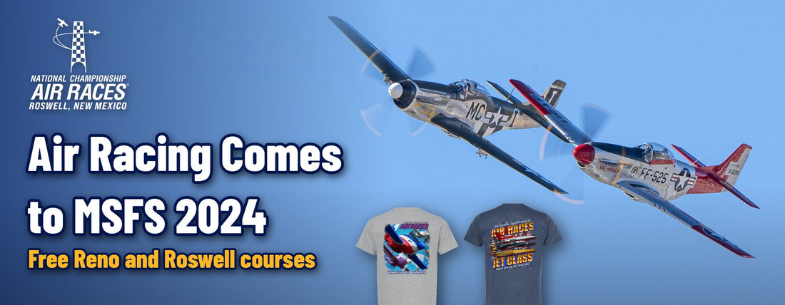 Two P-51 Mustangs banking in a blue sky beside the National Championship Air Races logo, the headline Air Racing Comes to MSFS 2024, and official Unlimited Class and Jet Class shirts