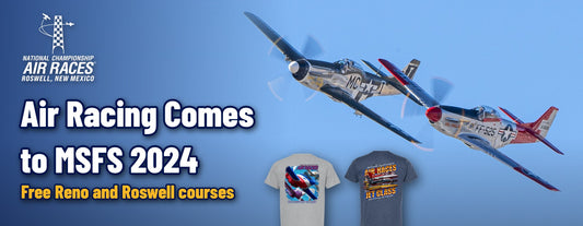 Two P-51 Mustangs banking in a blue sky beside the National Championship Air Races logo, the headline Air Racing Comes to MSFS 2024, and official Unlimited Class and Jet Class shirts