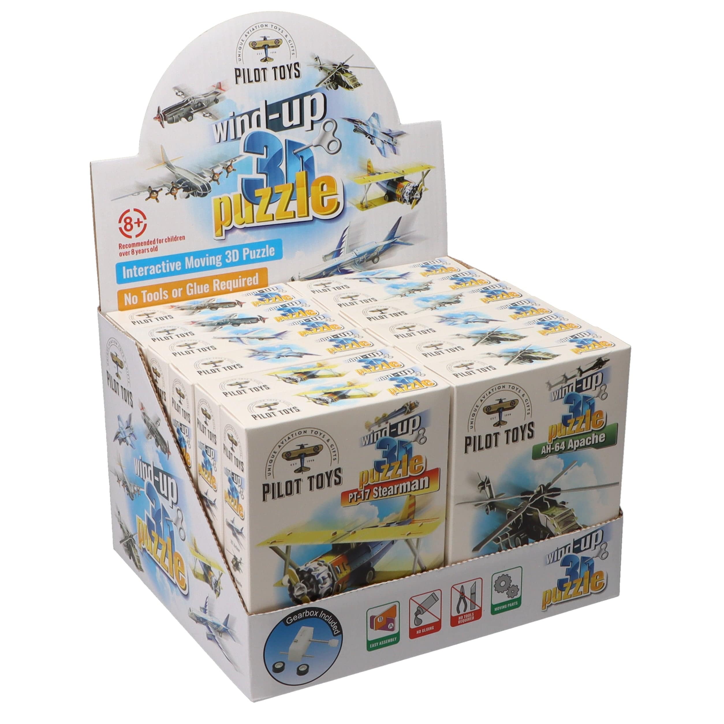 Pilot Toys 12 Airplane Wind-Up 3D Puzzles with Display Box
