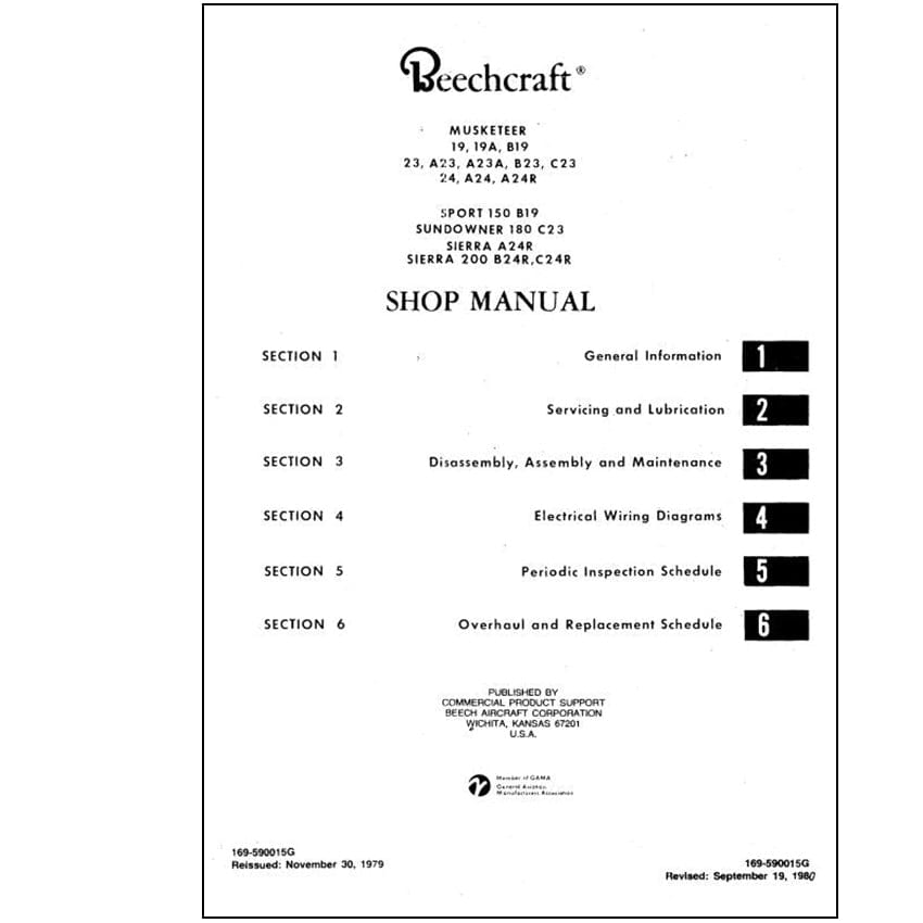 Essco Aircraft Aircraft Manual Beech 19, 23, 24 Series Shop-Maintenance Manual (169-590015G)