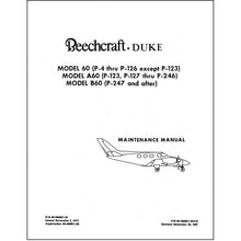 Essco Aircraft Aircraft Manual Beech Duke 60, A60, B60 Series Maintenance Manual (60-590001-25)