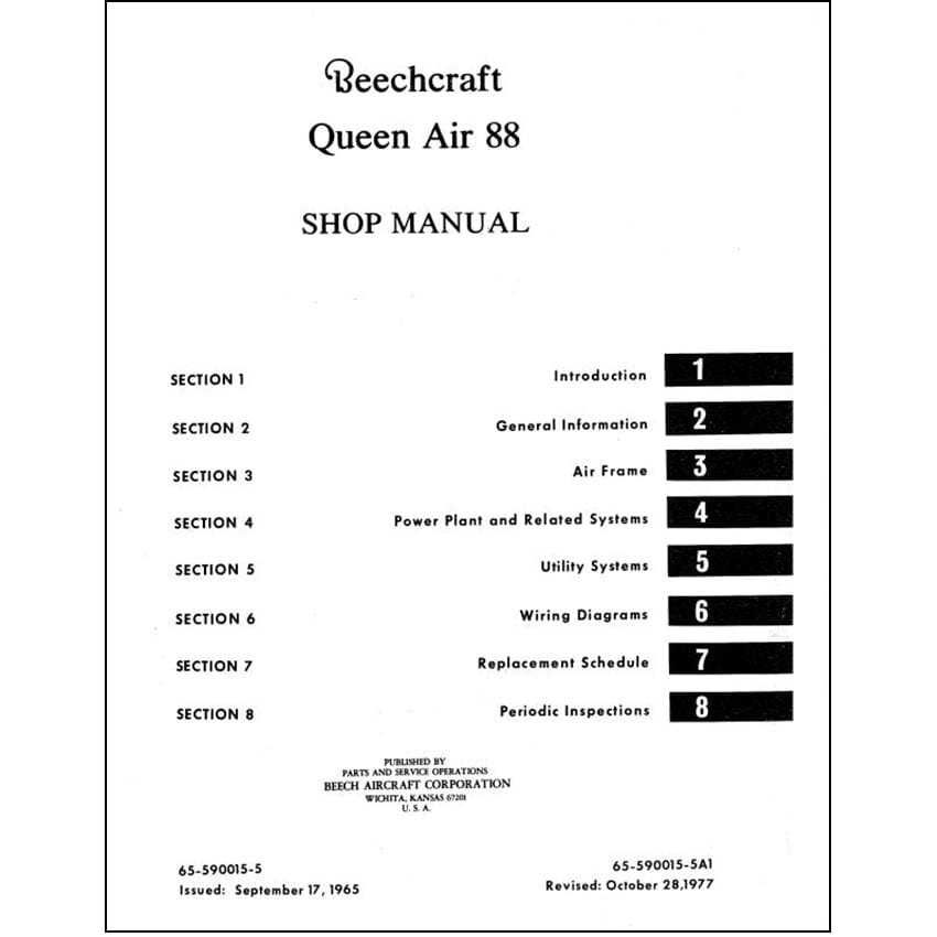 Essco Aircraft Aircraft Manual Beech Queen Air 88 Series Shop Manual (65-590015-5)