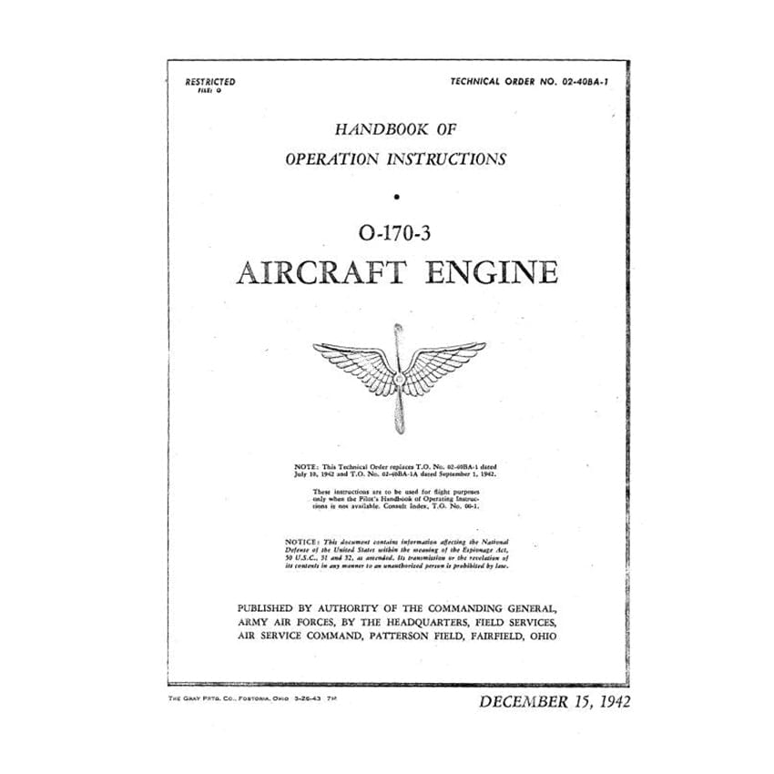 Essco Aircraft Aircraft Manual Continental O-170-3 Aircraft Engine Operator's Manual (02-40BA-1)