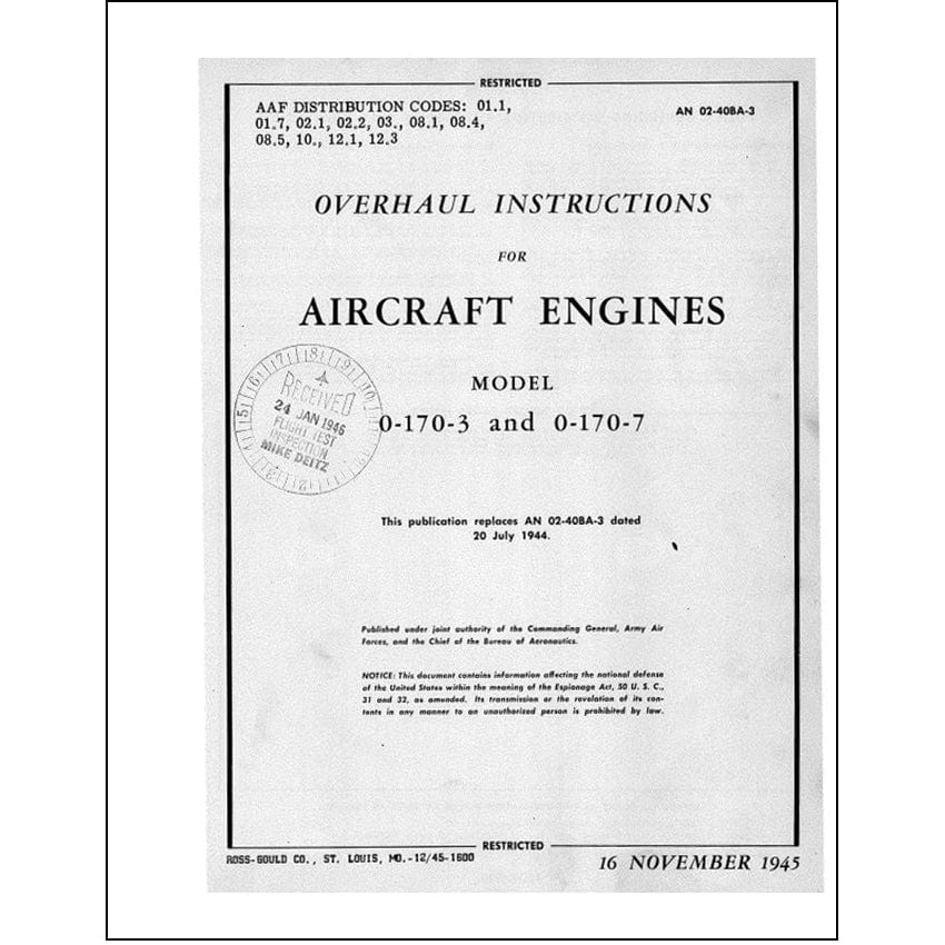 Essco Aircraft Aircraft Manual Continental O-170-3 and O-170-7 Overhaul Instructions (02-40BA-3)