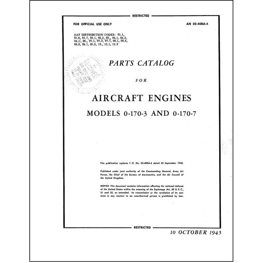 Essco Aircraft Aircraft Manual Continental O-170-3 and O-170-7 Parts Catalog (02-40BA-4)