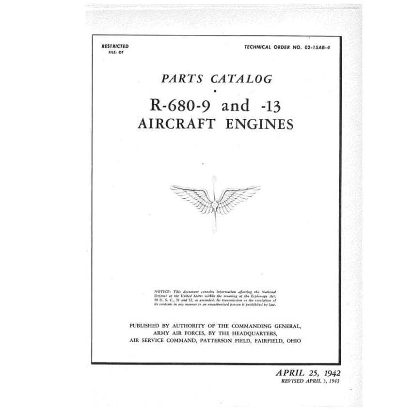 Essco Aircraft Aircraft Manual Lycoming R-680-9 & -13 Engines 1942 Parts Catalog (TO#02-15AB-44)