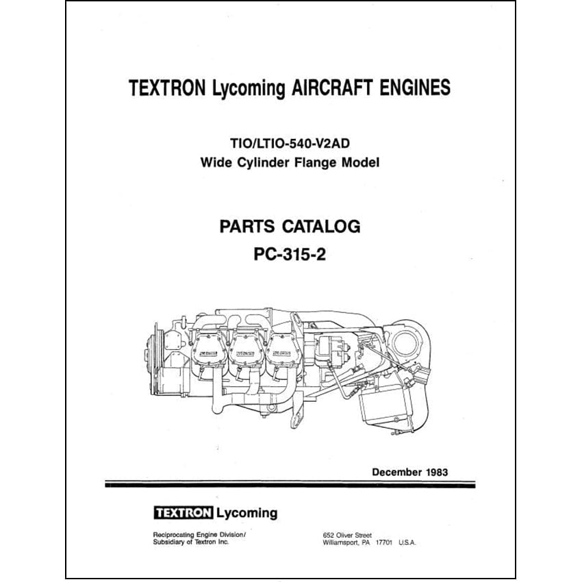Essco Aircraft Aircraft Manual Lycoming TIO, LTIO-540-V2AD 1983 Parts Catalog PC-315-2 (PC-315-2)