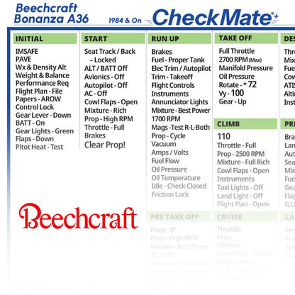 Checkmate Aviation Aviation Checklists Beechcraft A36 84-ON Checkmate+ Standard Size Comprehensive Pilot Checklist (Modernized and Updated)