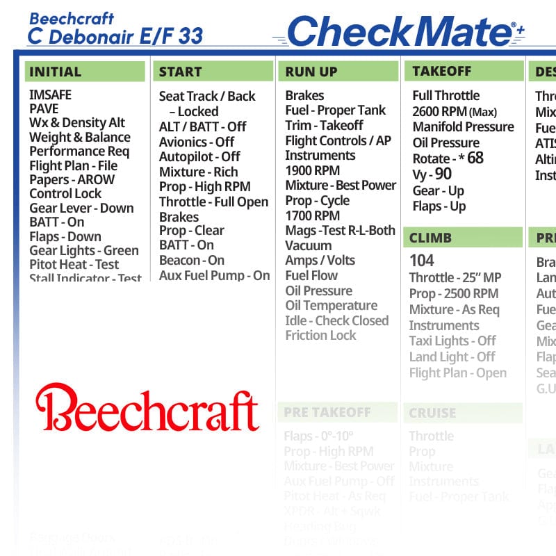 Checkmate Aviation Aviation Checklists Beechcraft Bonanza CEF 33 Checkmate+ Standard Size Comprehensive Pilot Checklist (Modernized and Updated)