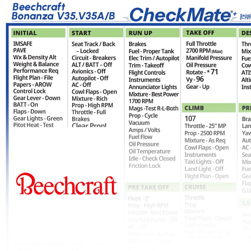 Checkmate Aviation Aviation Checklists Beechcraft Bonanza V35 Checkmate+ Standard Size Comprehensive Pilot Checklist (Modernized and Updated)
