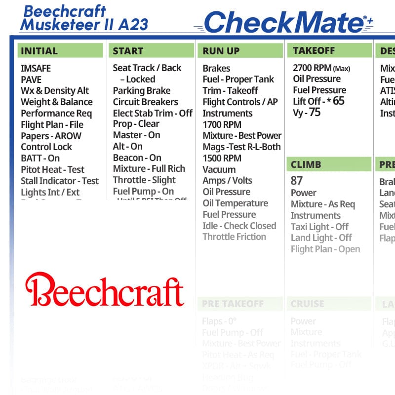 Checkmate Aviation Aviation Checklists Beechcraft Musketeer II A23 Checkmate+ Standard Size Comprehensive Pilot Checklist (Modernized and Updated)