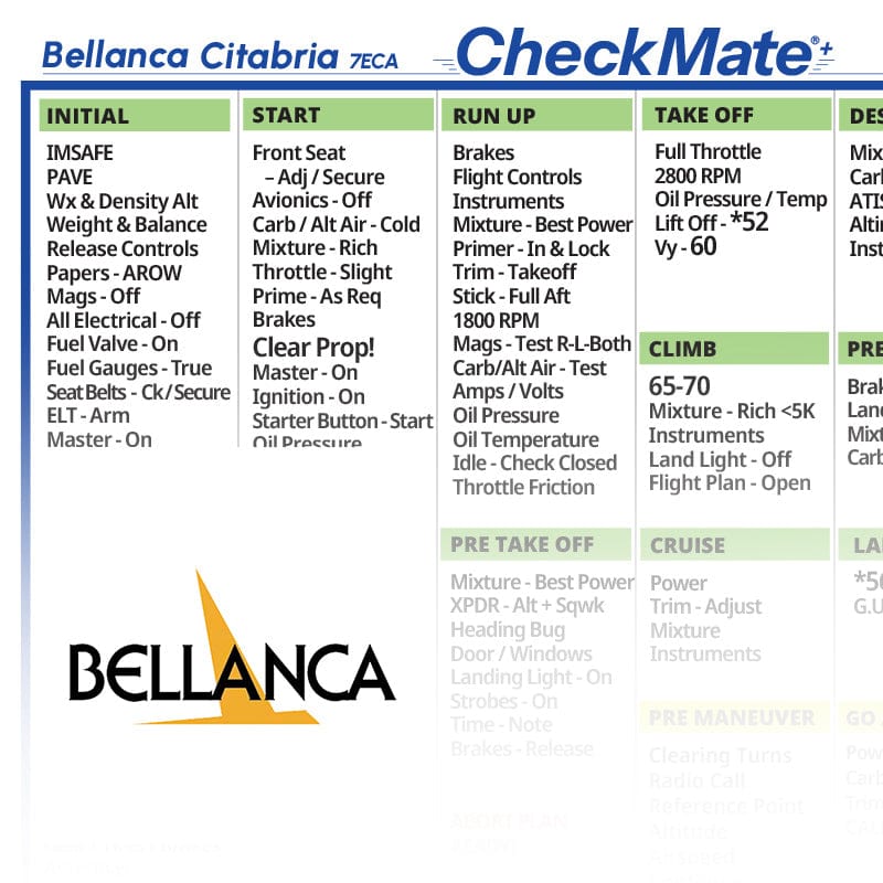 Checkmate Aviation Aviation Checklists Bellanca Citabria 7ECA Checkmate+ Standard Size Comprehensive Pilot Checklist (Modernized and Updated)