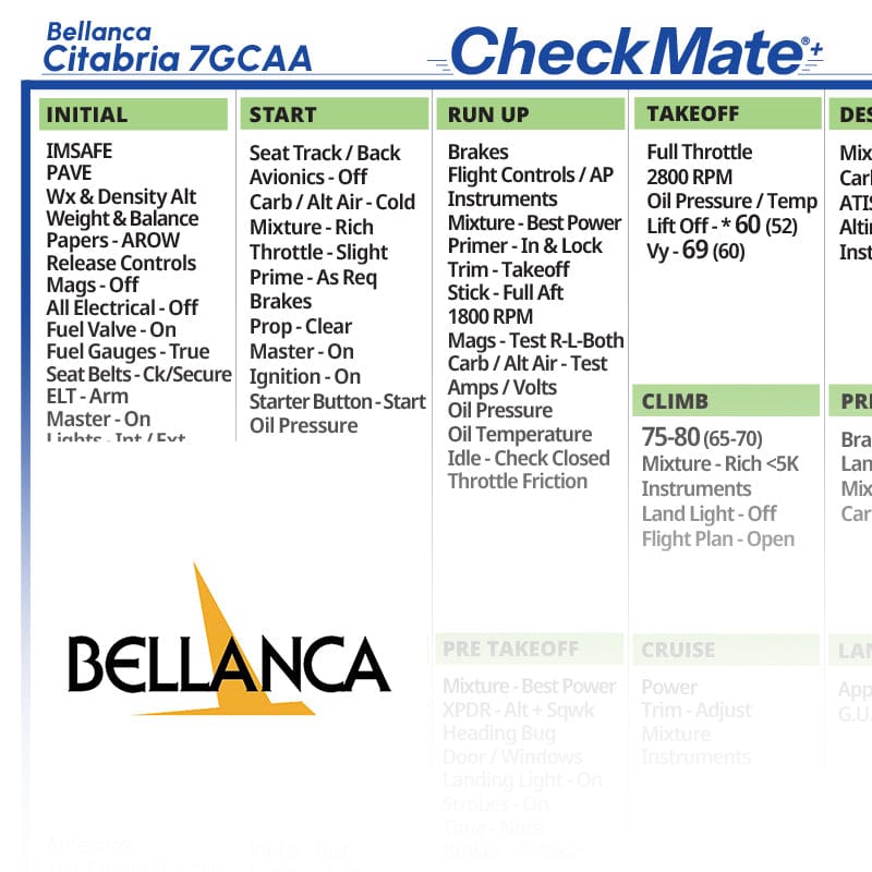 Checkmate Aviation Aviation Checklists Bellanca Citabria 7GCAA Checkmate+ Standard Size Comprehensive Pilot Checklist (Modernized and Updated)