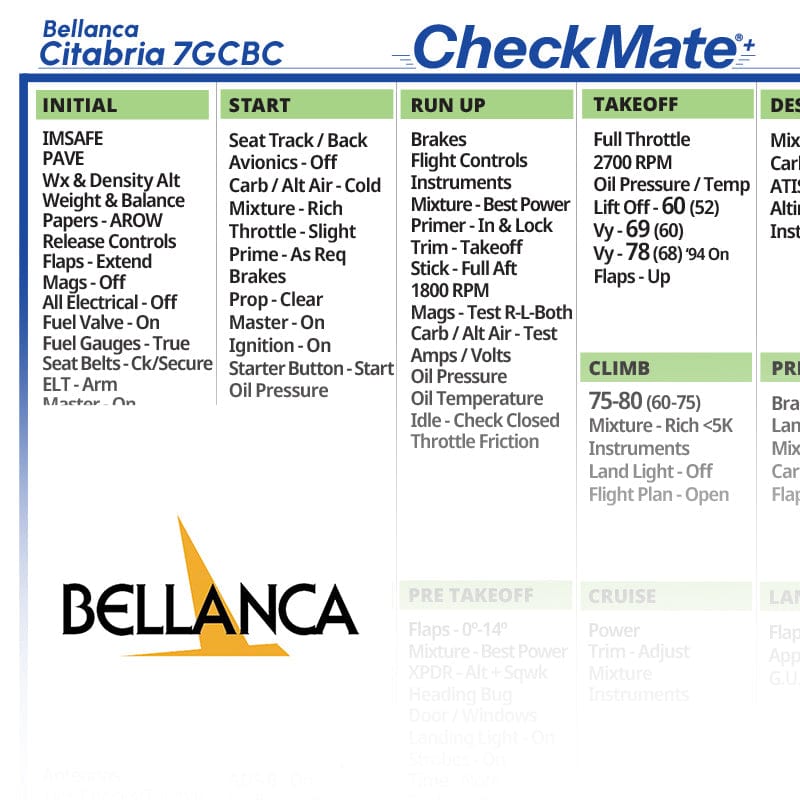 Checkmate Aviation Aviation Checklists Bellanca Citabria 7GCBC. Checkmate+ Standard Size Comprehensive Pilot Checklist (Modernized and Updated)