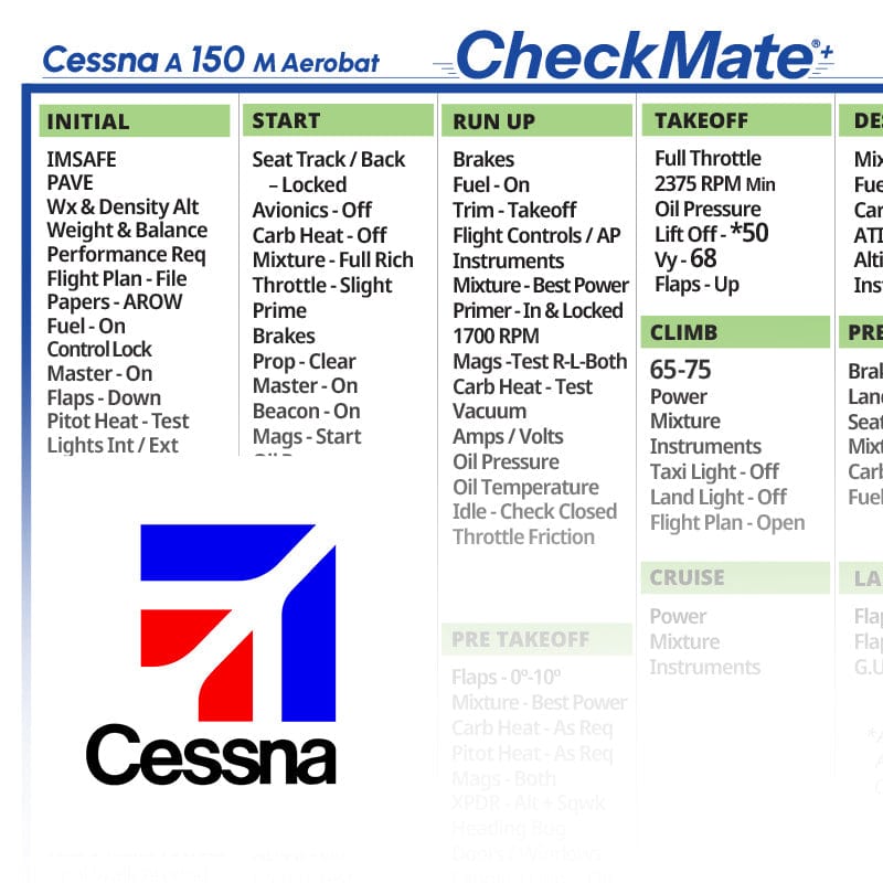 Checkmate Aviation Aviation Checklists Cessna 150 M Aerobat Checkmate+ Standard Size Comprehensive Pilot Checklist (Modernized and Updated)