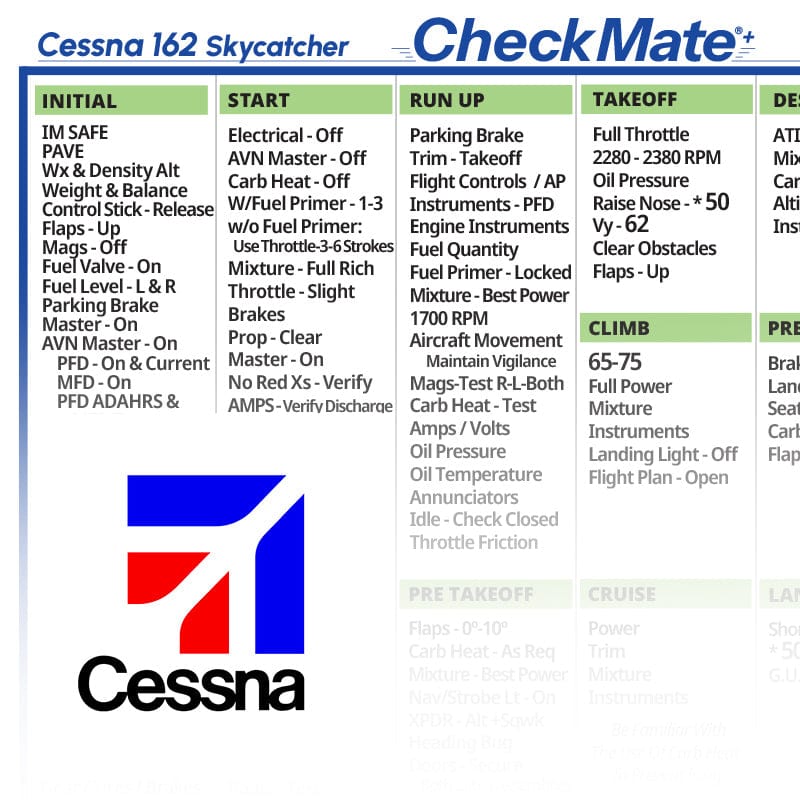 Checkmate Aviation Aviation Checklists Cessna 162 Checkmate+ Standard Size Comprehensive Pilot Checklist (Modernized and Updated)