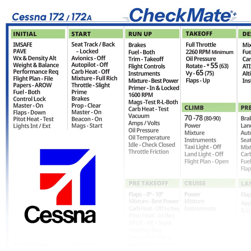 Checkmate Aviation Aviation Checklists Cessna 172 & A Checkmate+ Standard Size Comprehensive Pilot Checklist (Modernized and Updated)