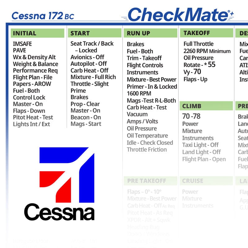Checkmate Aviation Aviation Checklists Cessna 172 BC Checkmate+ Standard Size Comprehensive Pilot Checklist (Modernized and Updated)