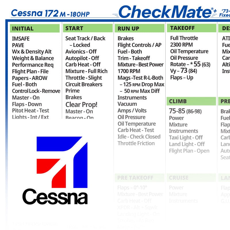Checkmate Aviation Aviation Checklists Cessna 172 M-180 Fixed Pitch Checkmate+ Standard Size Comprehensive Pilot Checklist (Modernized and Updated)
