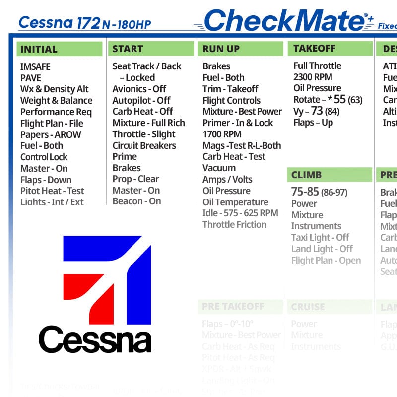 Checkmate Aviation Aviation Checklists Cessna 172 N 180 Fixed Pitch Checkmate+ Standard Size Comprehensive Pilot Checklist (Modernized and Updated)