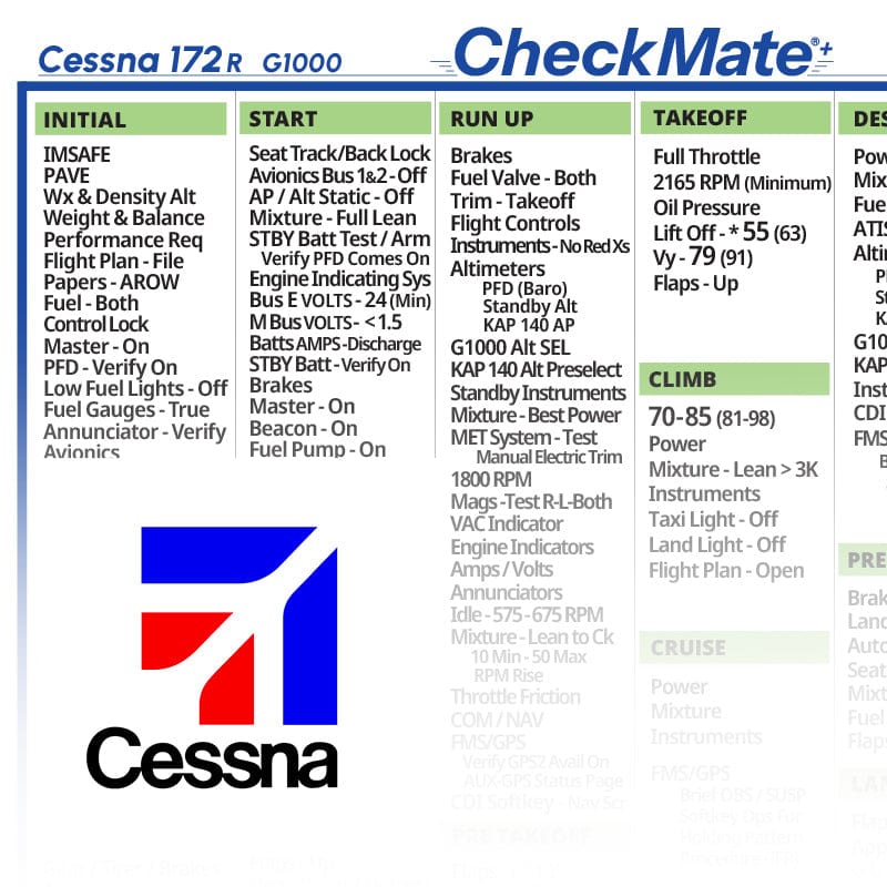 Checkmate Aviation Aviation Checklists Cessna 172 R G1000 Checkmate+ Standard Size Comprehensive Pilot Checklist (Modernized and Updated)