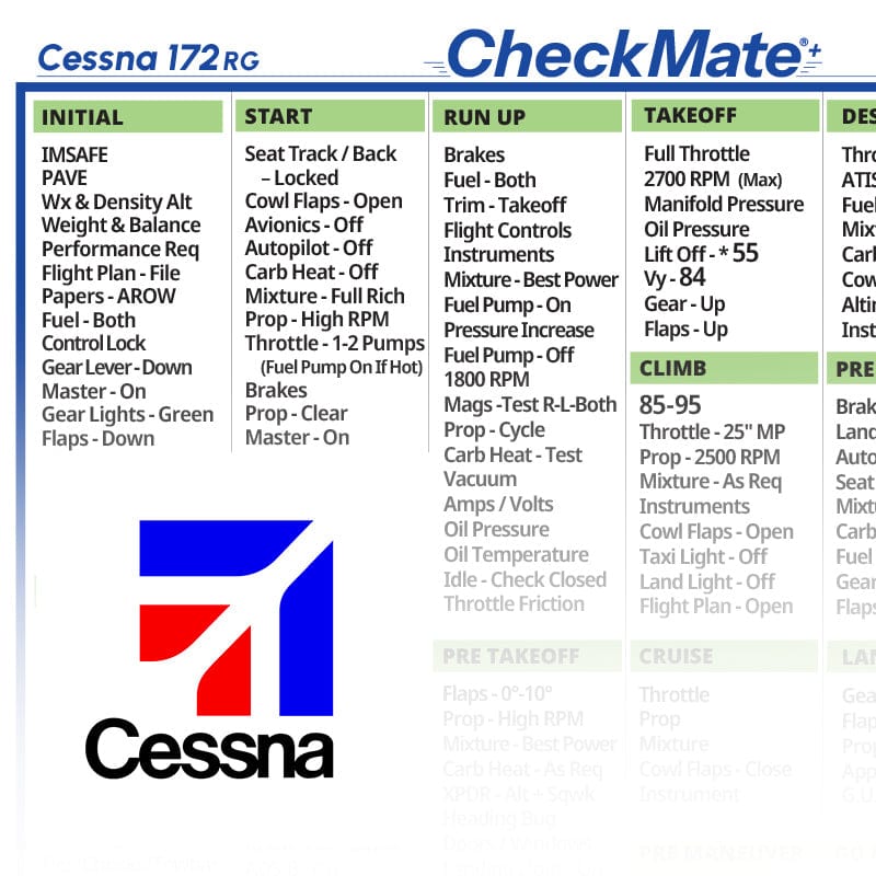 Checkmate Aviation Aviation Checklists Cessna 172 RG Checkmate+ Standard Size Comprehensive Pilot Checklist (Modernized and Updated)