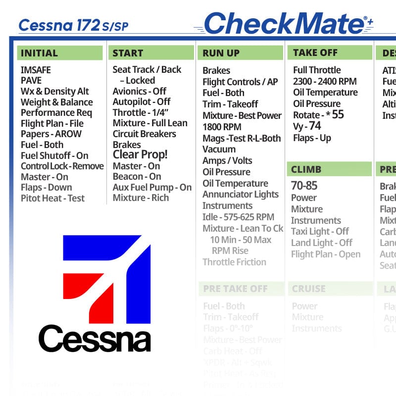 Checkmate Aviation Aviation Checklists Cessna 172 S-SP Checkmate+ Standard Size Comprehensive Pilot Checklist (Modernized and Updated)
