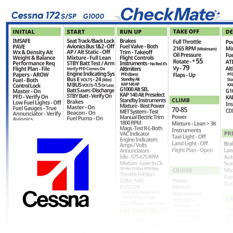 Checkmate Aviation Aviation Checklists Cessna 172 S-SP G1000 Checkmate+ Standard Size Comprehensive Pilot Checklist (Modernized and Updated)