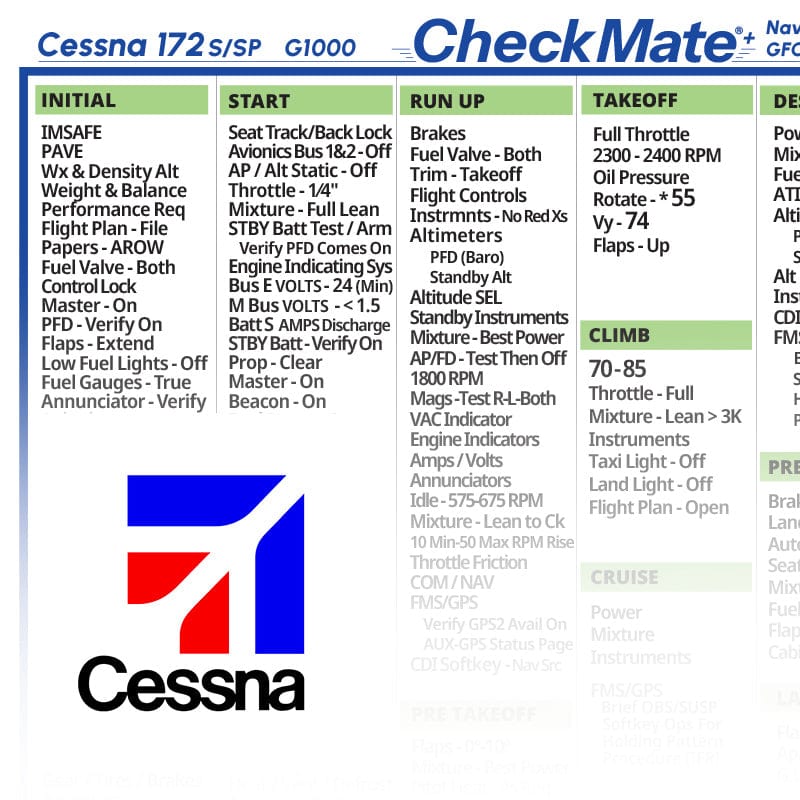 Checkmate Aviation Aviation Checklists Cessna 172 S-SP G1000 NAV III GFC700 Checkmate+ Standard Size Comprehensive Pilot Checklist (Modernized and Updated)