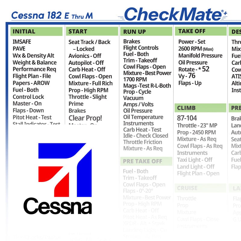 Checkmate Aviation Aviation Checklists Cessna 182 E-M Checkmate+ Standard Size Comprehensive Pilot Checklist (Modernized and Updated)