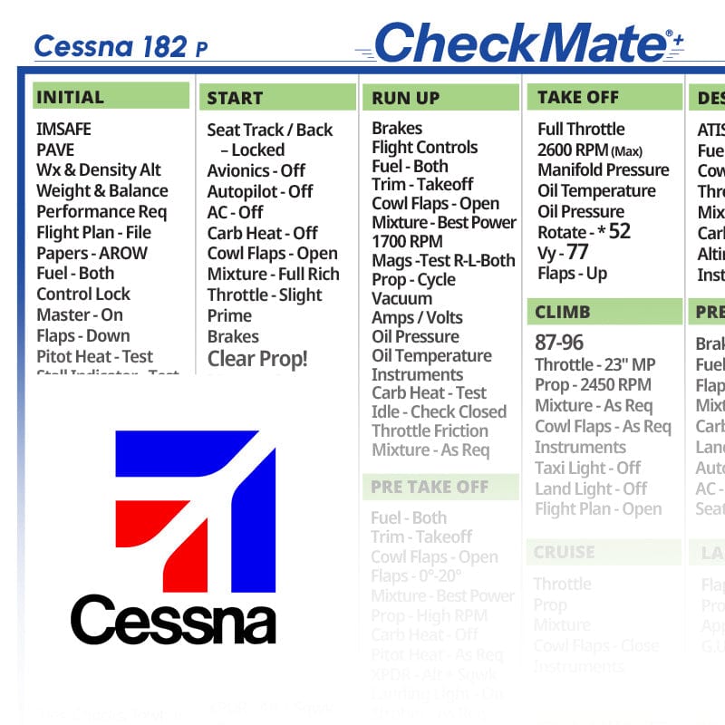 Checkmate Aviation Aviation Checklists Cessna 182 P Checkmate+ Standard Size Comprehensive Pilot Checklist (Modernized and Updated)