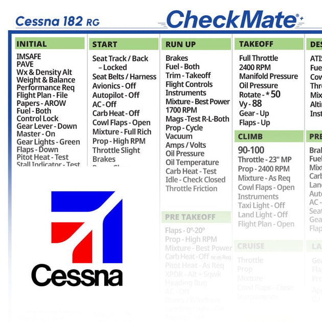 Cessna 182 RG Checkmate+ Standard Size Comprehensive Pilot Checklist