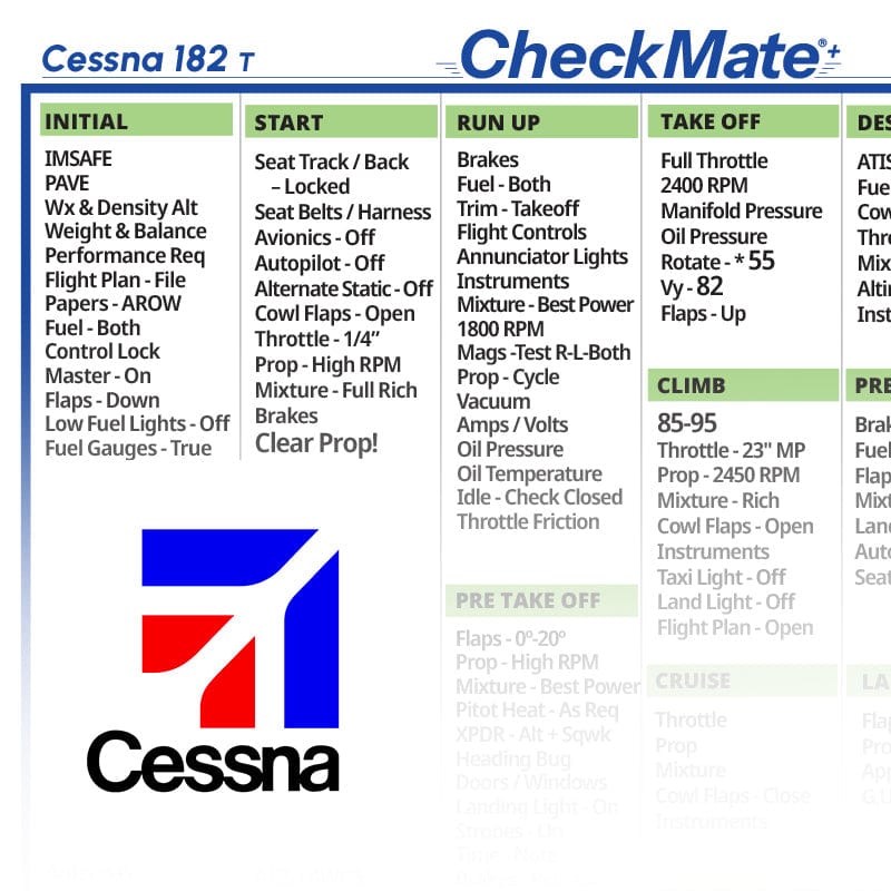 Checkmate Aviation Aviation Checklists Cessna 182 T Checkmate+ Standard Size Comprehensive Pilot Checklist (Modernized and Updated)